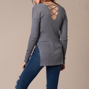 Heartloom Ribbed V-Neck Lace Up Sweater